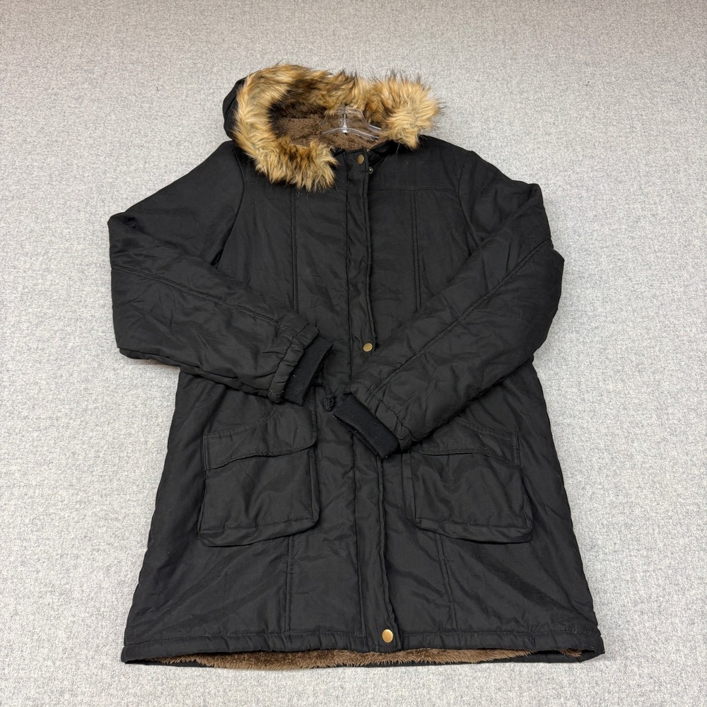 4How Parka Jacket Size 12 Black Faux Fur Lined Hooded Winter Coat Heavy Pockets